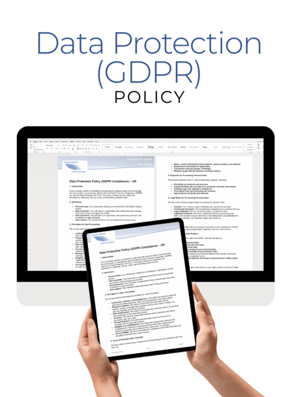 Data Protection Policy and Checklist displayed on a desktop computer and tablet, outlining GDPR compliance measures and guidelines for protecting personal data.
