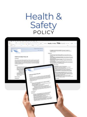 Health & Safety Policy document displayed on a desktop computer and tablet, outlining workplace safety regulations, risk assessments, and compliance requirements.