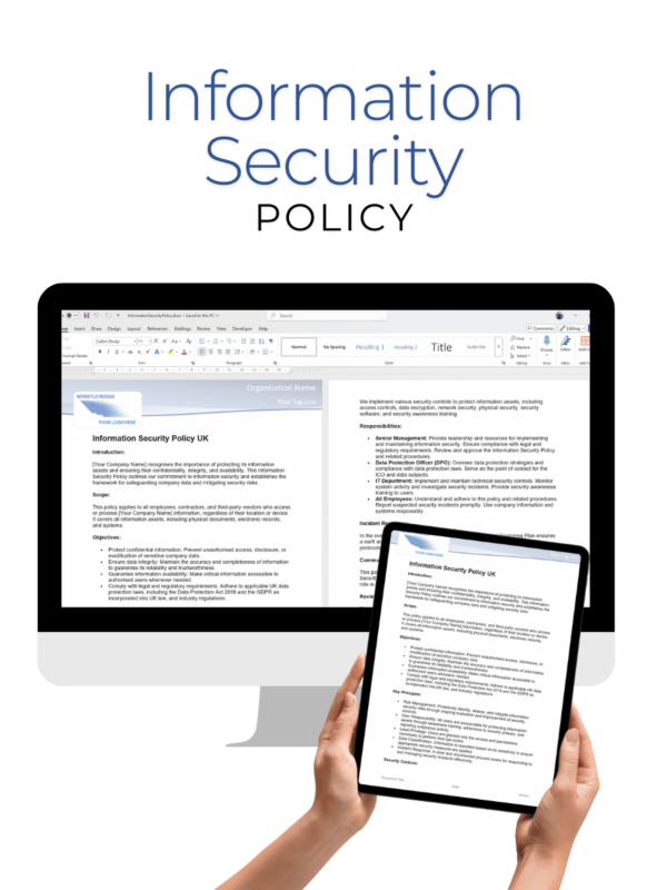 Information Security Policy displayed on a desktop computer and tablet, providing a structured framework for managing data security and protecting digital assets.