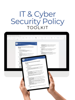 IT & Cyber Security Policy document displayed on a desktop computer and tablet, illustrating key guidelines for cybersecurity, data protection, and IT governance.