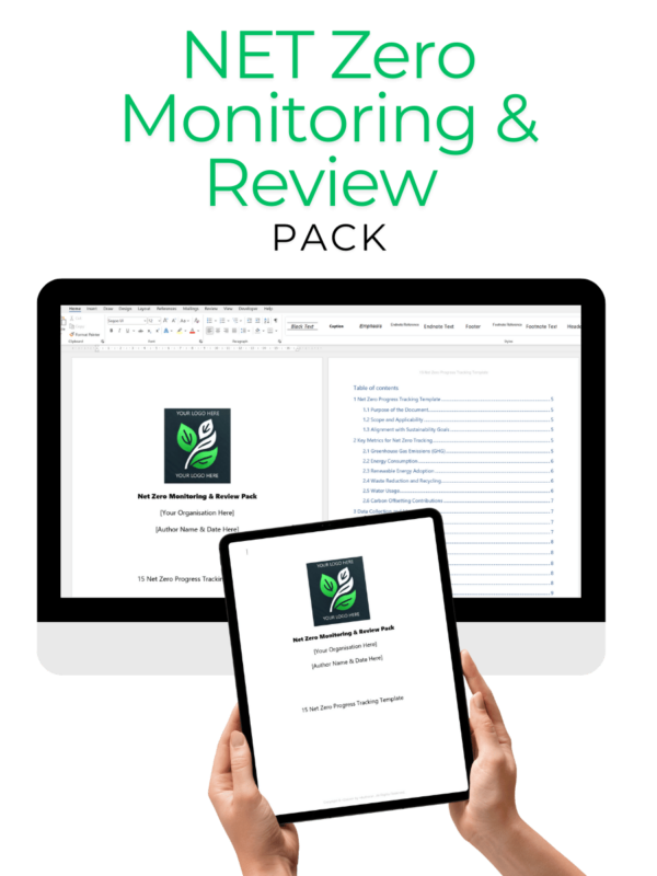 Net Zero Monitoring & Review Pack – Desktop computer and tablet mockup displaying the document template for tracking sustainability progress