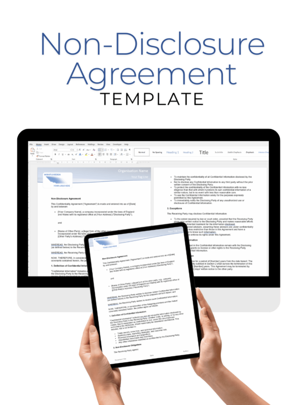 Non-Disclosure Agreement (NDA) displayed on a desktop computer and tablet, outlining confidentiality terms for secure business agreements.