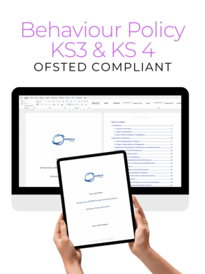 Behaviour Policy KS3 & KS4 (OFSTED Compliant) displayed on a desktop computer and tablet, outlining structured behaviour management strategies for secondary schools.