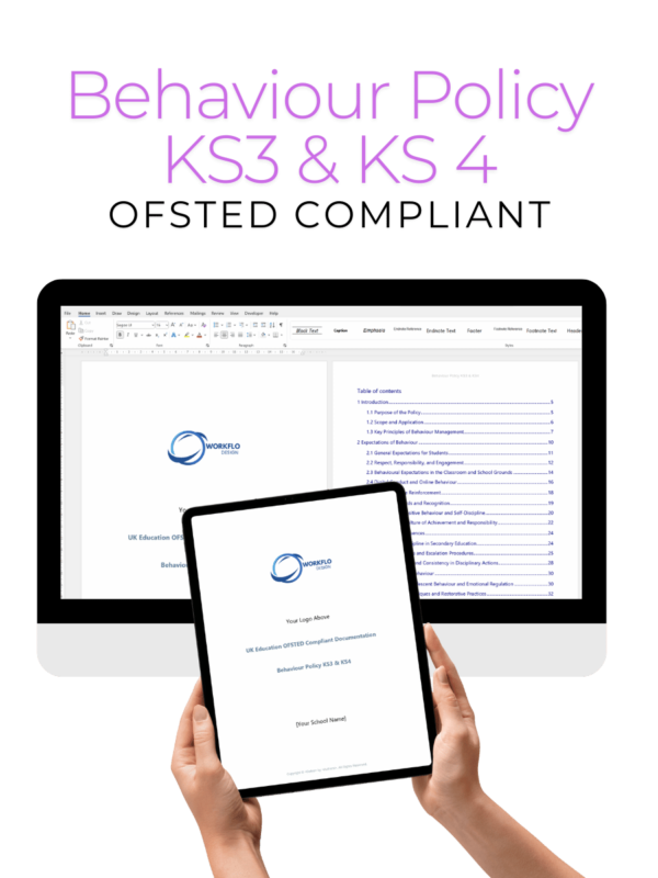 Behaviour Policy KS3 & KS4 (OFSTED Compliant) displayed on a desktop computer and tablet, outlining structured behaviour management strategies for secondary schools.