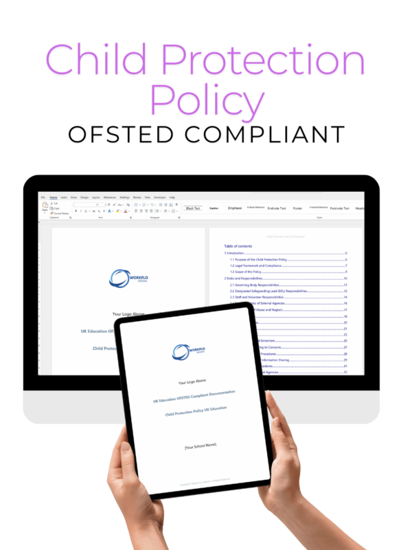 Child Protection Policy (OFSTED Compliant) displayed on a desktop computer and tablet, detailing safeguarding responsibilities, procedures, and compliance with UK child protection laws.