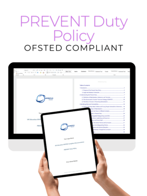 PREVENT Duty Policy (OFSTED Compliant) displayed on a desktop computer and tablet, outlining strategies for identifying and addressing radicalisation risks in educational settings.