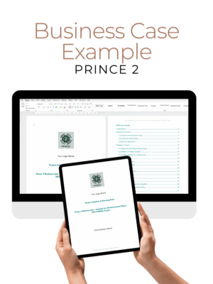 PRINCE2 Business Case Example (Detailed) displayed on a desktop computer and tablet, illustrating structured templates for project justification and decision-making.