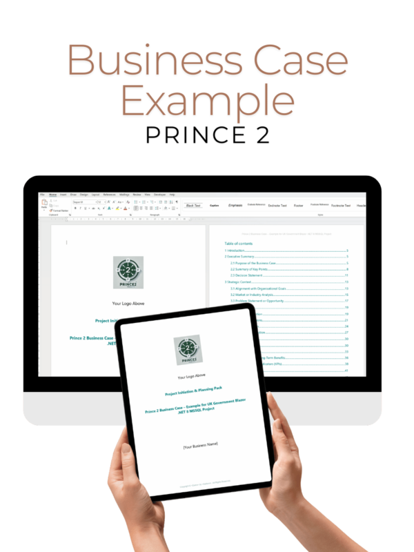 PRINCE2 Business Case Example (Detailed) displayed on a desktop computer and tablet, illustrating structured templates for project justification and decision-making.