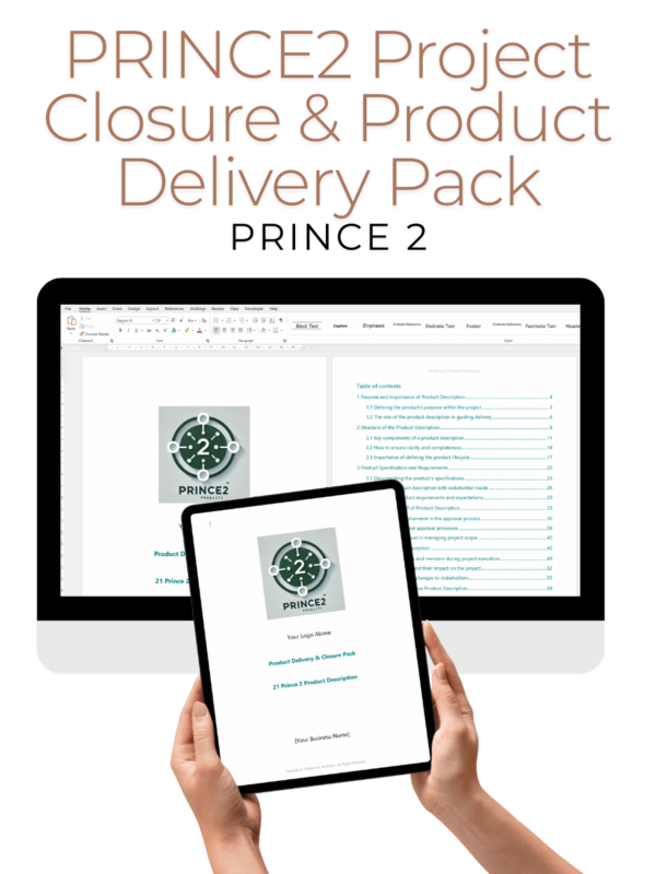 PRINCE2 Project Closure & Product Delivery Document Pack displayed on a desktop computer and tablet, featuring essential templates for finalising project deliverables and closure.