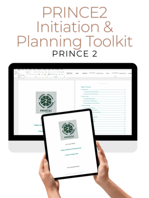 PRINCE2 Project Initiation & Planning Toolkit displayed on a desktop computer and tablet, showcasing structured templates for project initiation, planning, and governance.