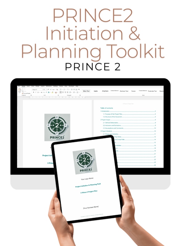 PRINCE2 Project Initiation & Planning Toolkit displayed on a desktop computer and tablet, showcasing structured templates for project initiation, planning, and governance.