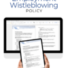 Whistleblowing Policy document displayed on a desktop computer and tablet, illustrating confidential reporting guidelines and ethical compliance framework.